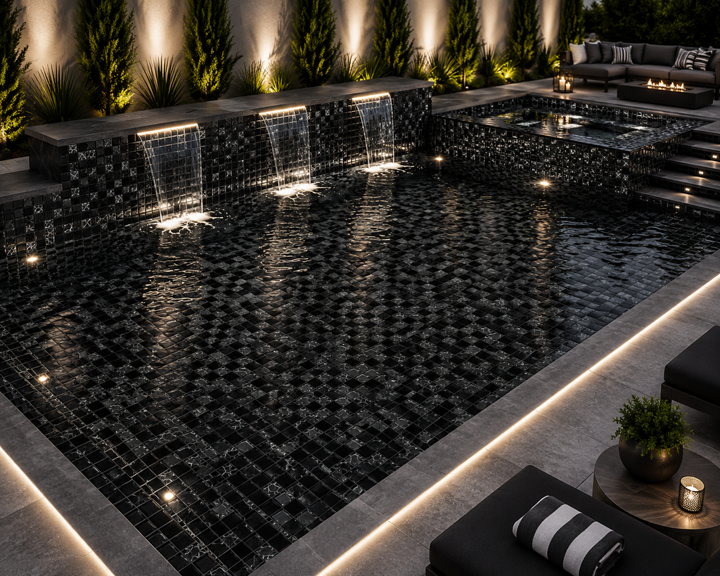 Black &amp; Charcoal Glass Pool Mosaic Tile