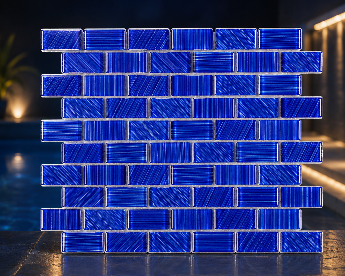 Striped Cobalt Blue Glass Pool Mosaic Tile