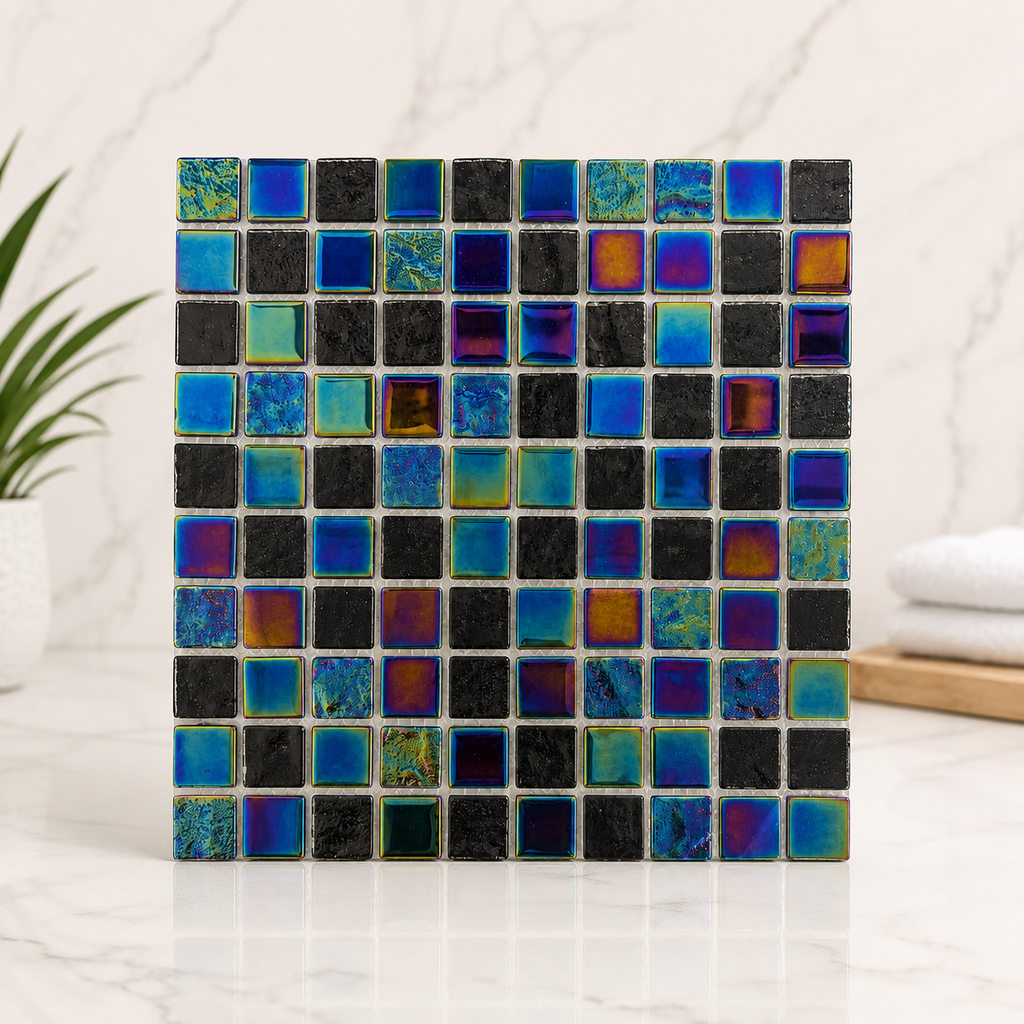 Black & Iridescent Glass Pool Mosaic Tile