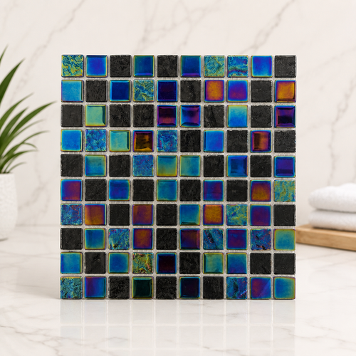 Black & Iridescent Glass Pool Mosaic Tile
