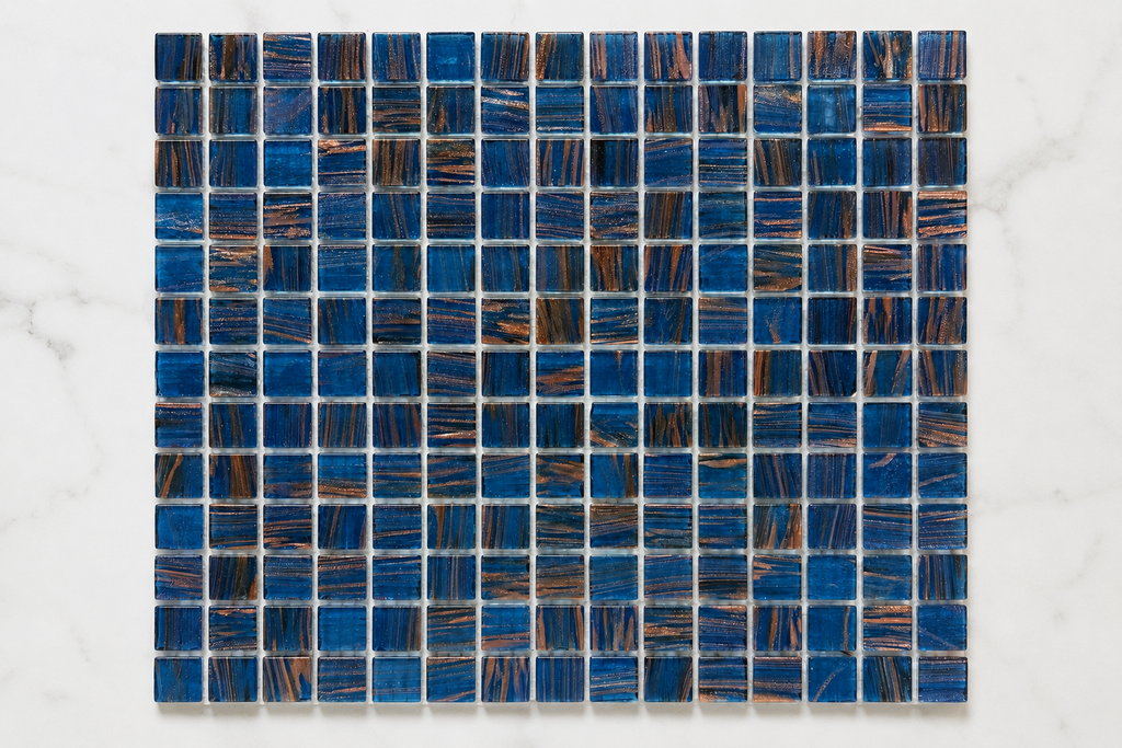 Celestial Yale Blue & Gold Glass Pool Mosaic Tile.  Model E-706