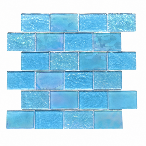 Aqua Blue Iridescent Glass Mosaic Tile – 2” x 4” Subway Pattern